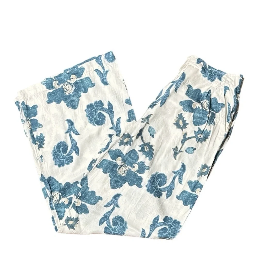 ANTHROPOLOGIE BLOCK PRINT GREEN AND WHITE SILKY TROUSERS SIZE MEDIUM TALL - Picture 6 of 12